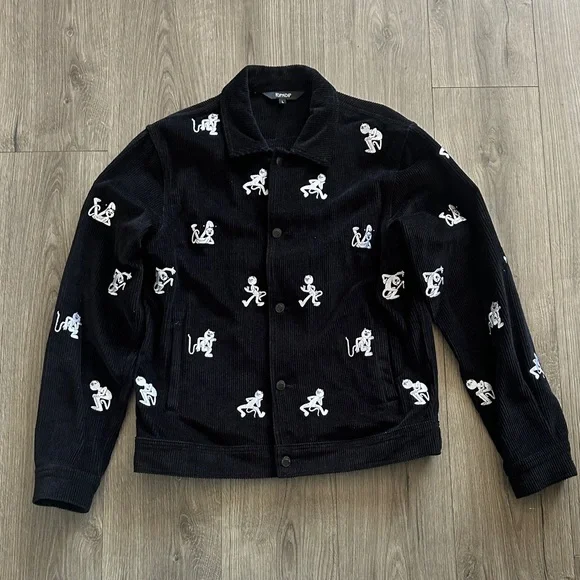 Black Corduroy Jacket with White Cat Embroidery - Picture 1 of 3